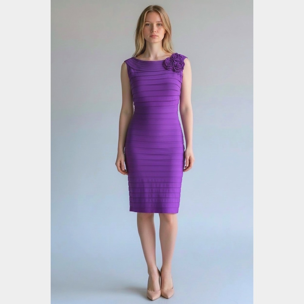 Adrianna Papell Purple Tiered Shutter Pleat Flower Detail Knee Length Dress - 10